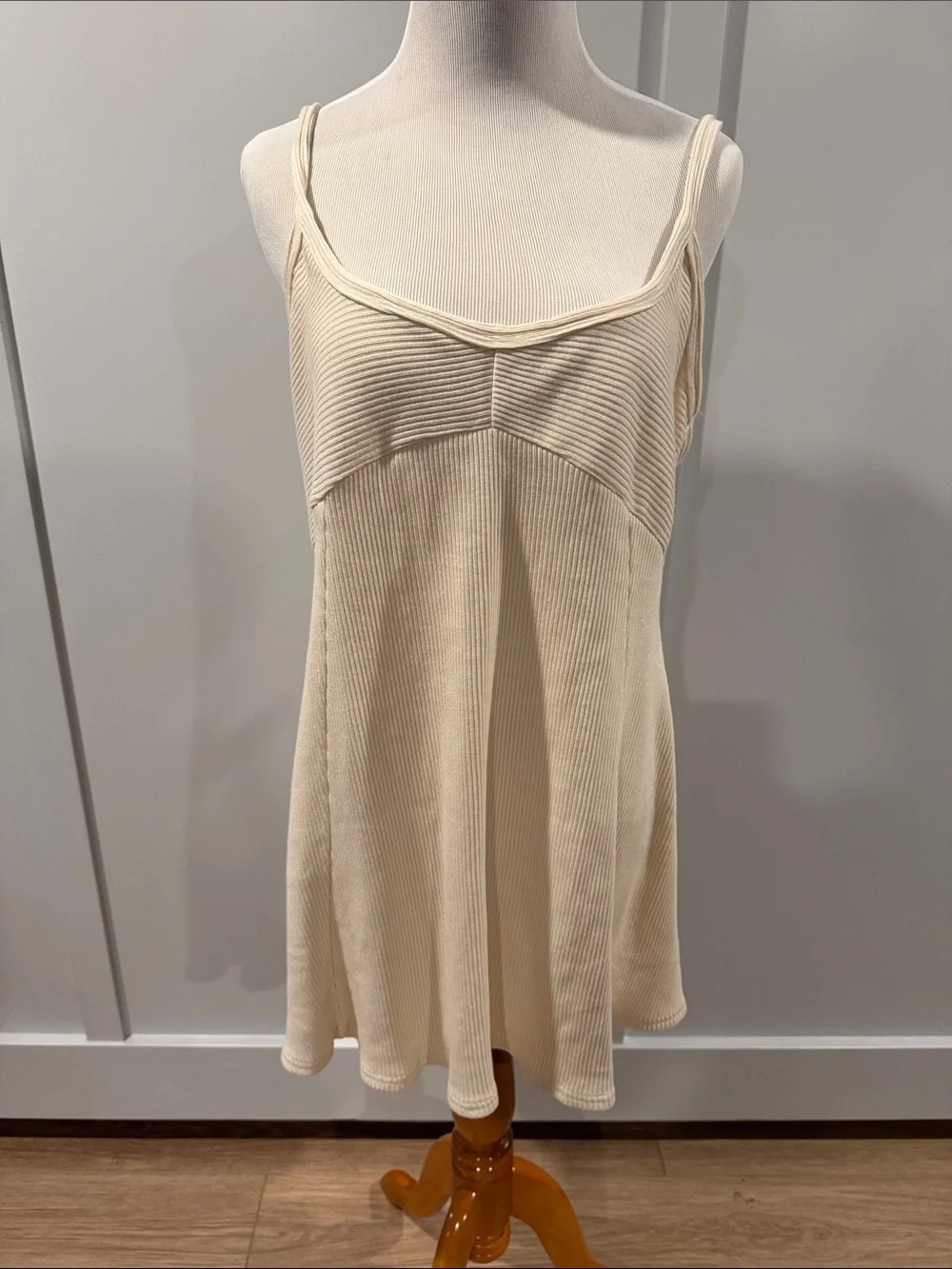 Free People Beach - Cream Ribbed Spaghetti-Strap Camisole Dress.